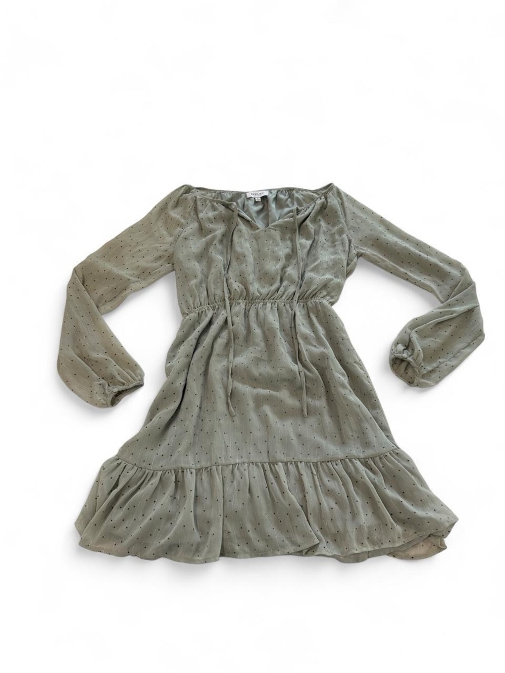 Gilli Sage Green Swiss Dot Ruffle Mini Dress